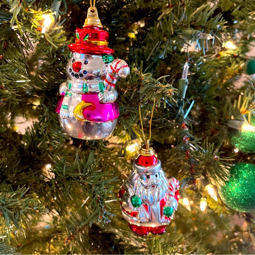 Vintage Kitsch Christmas Ornaments Plastic Pink Coat Snowman and Santa Clause